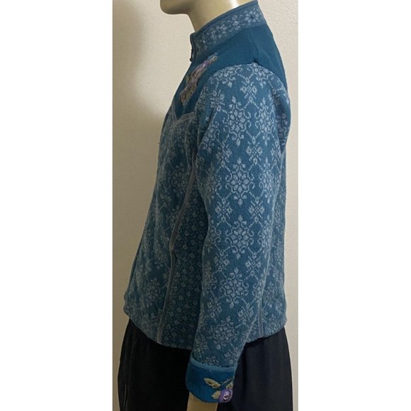 Icelandic Design Women's Full Zip Medium Floral Embroidered Sweater Blue Gray - Picture 5 of 11